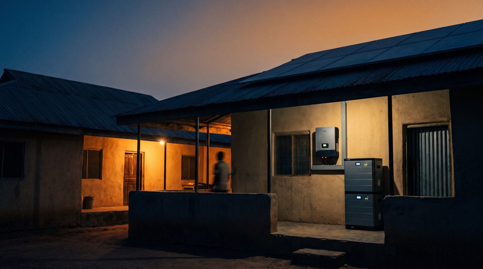 A Nigerian home at dusk with lights on, powered by a wall-mounted hybrid inverter and battery stack