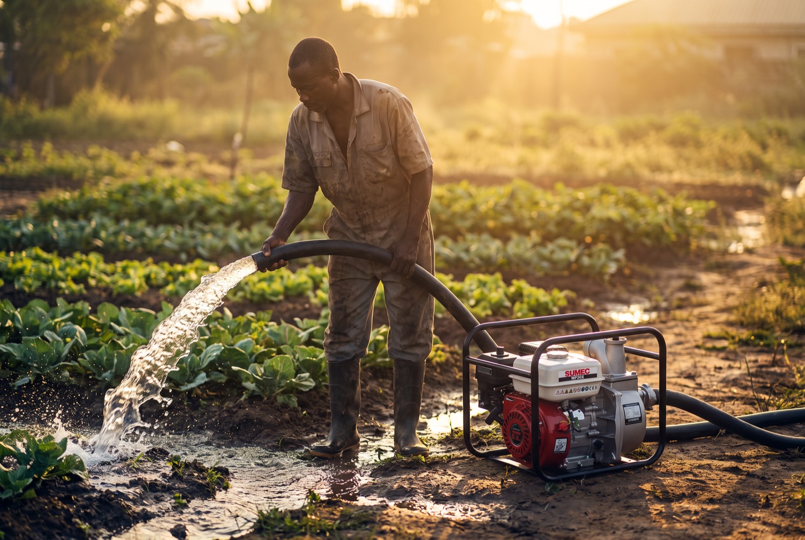 A Nigerian farmer irrigating vegetable beds with a Sumec engine water pump at sunrise