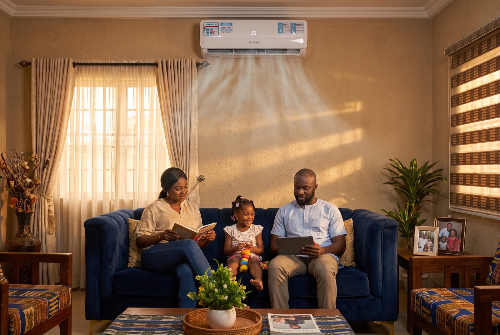 A Nigerian family relaxing under a Firman split unit air conditioner in their living room