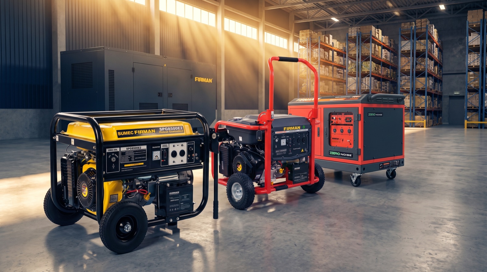 A lineup of red and black Firman petrol generators with a soundproof set in the Estendo warehouse