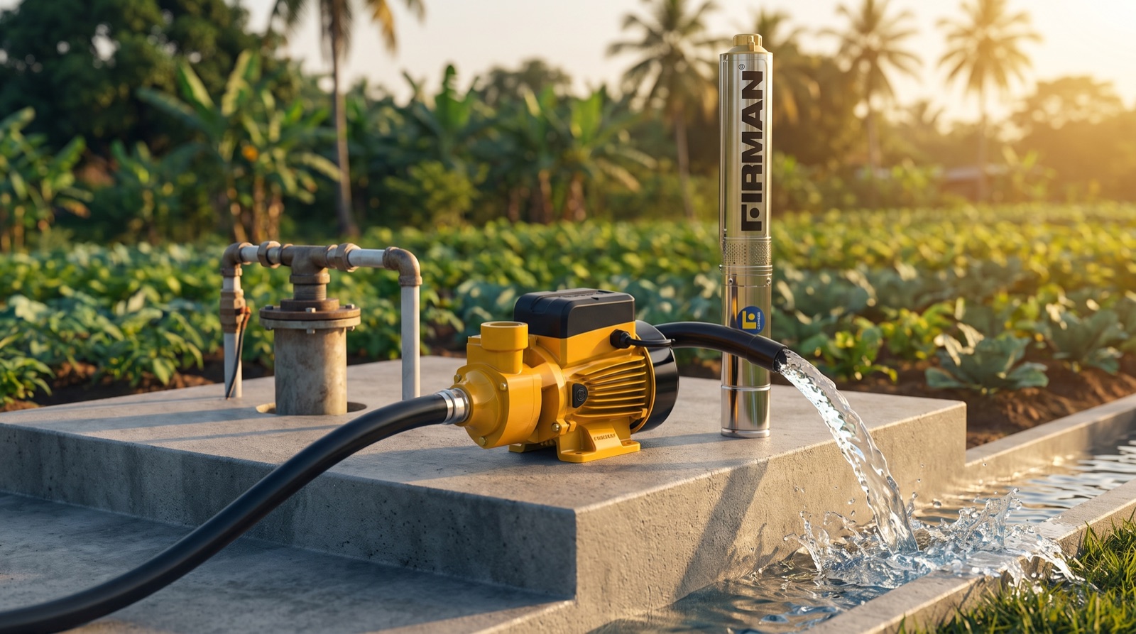 Firman surface and submersible water pumps beside a flowing borehole wellhead