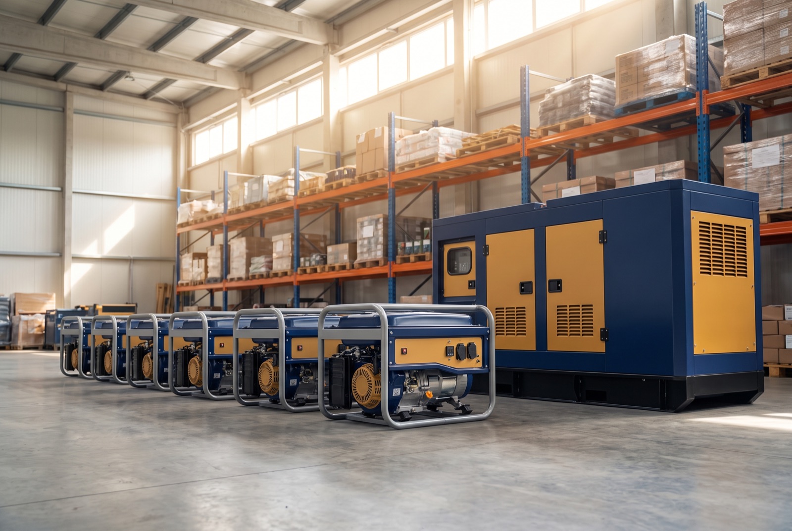 A lineup of Firman petrol generators and a large soundproof set inside the distribution warehouse