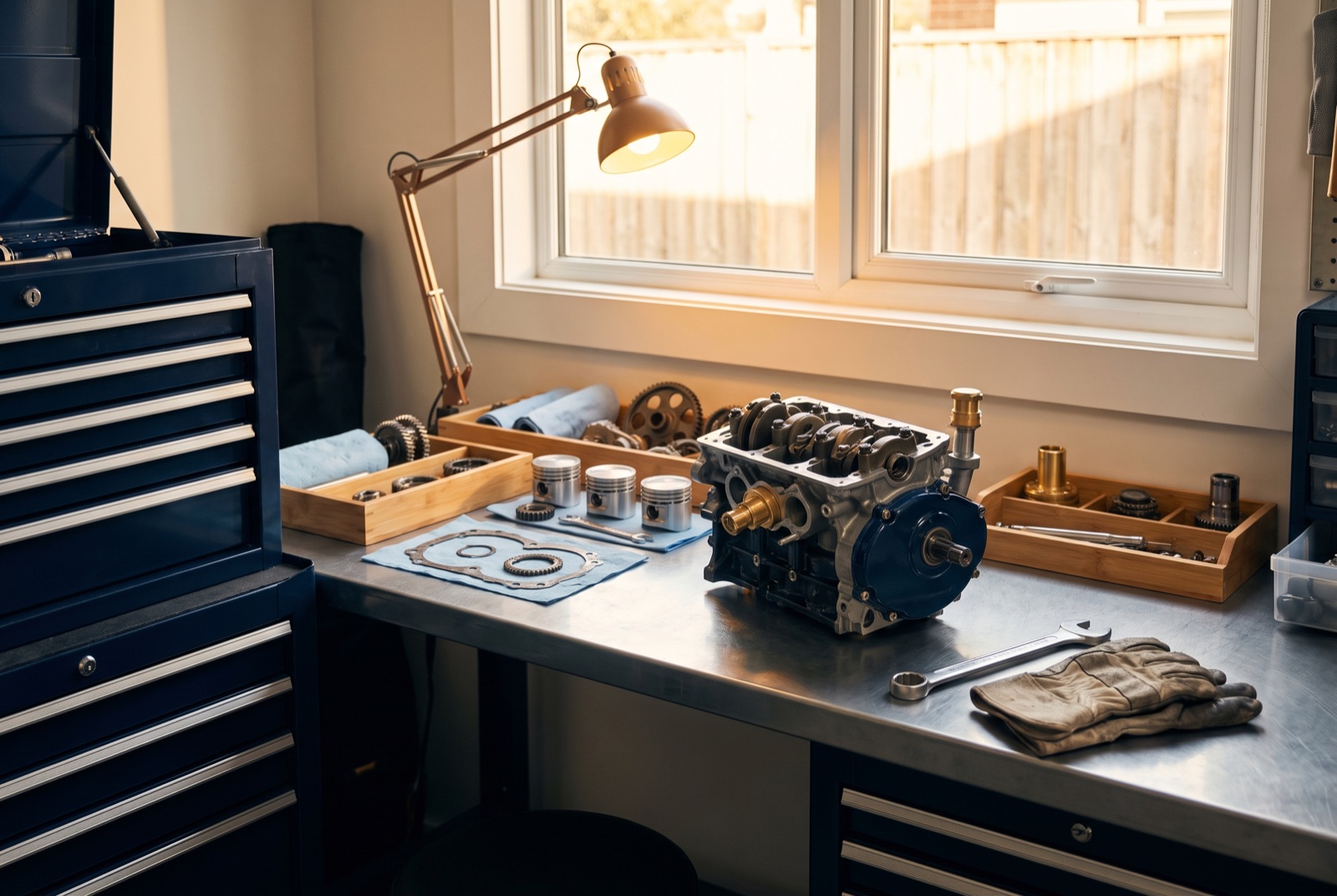 A Sumec Firman half engine and genuine spare parts laid out on a workshop bench