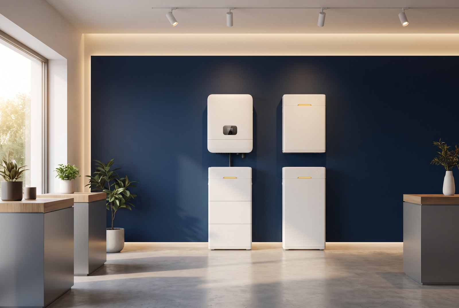 A hybrid inverter and stacked battery modules displayed on a navy showroom wall