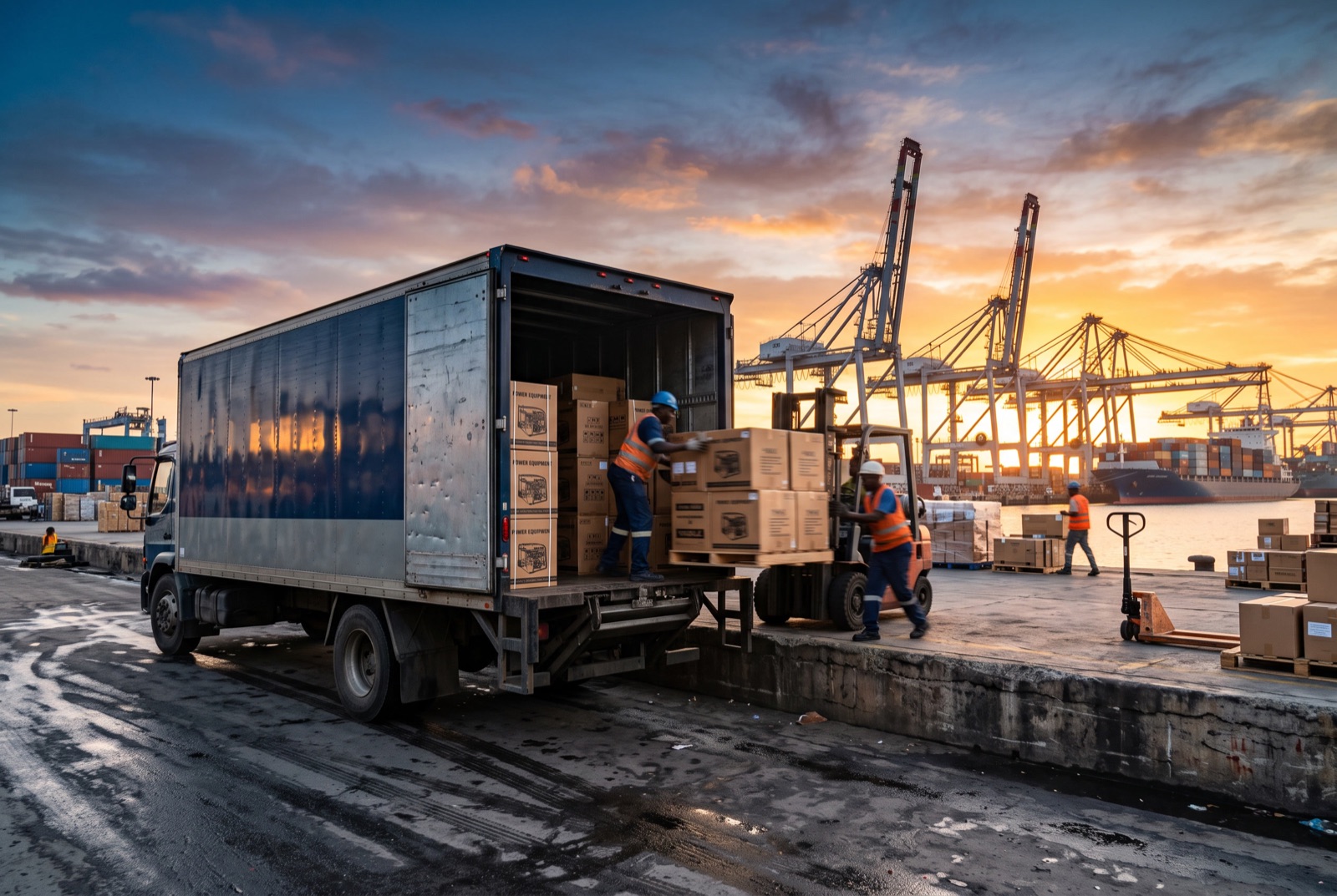 Power equipment loaded onto a delivery truck at dawn beside the Apapa harbour cranes