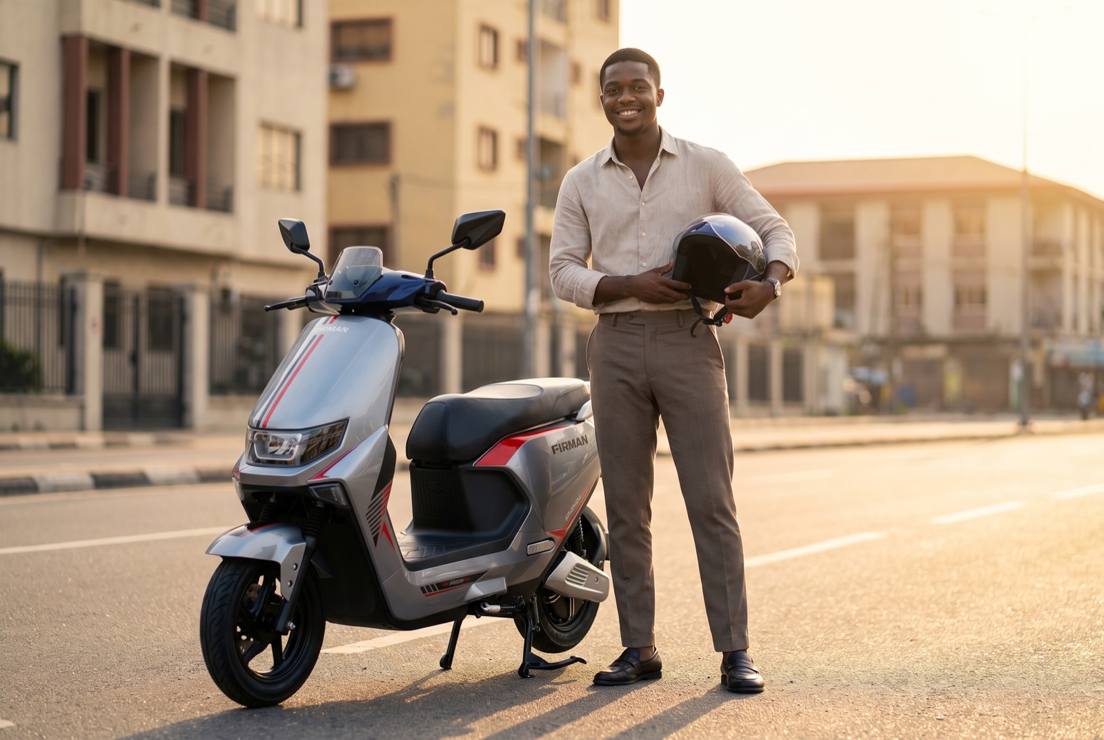 A young Nigerian rider beside the Firman EF1200A Ranger Pro electric scooter on a Lagos street