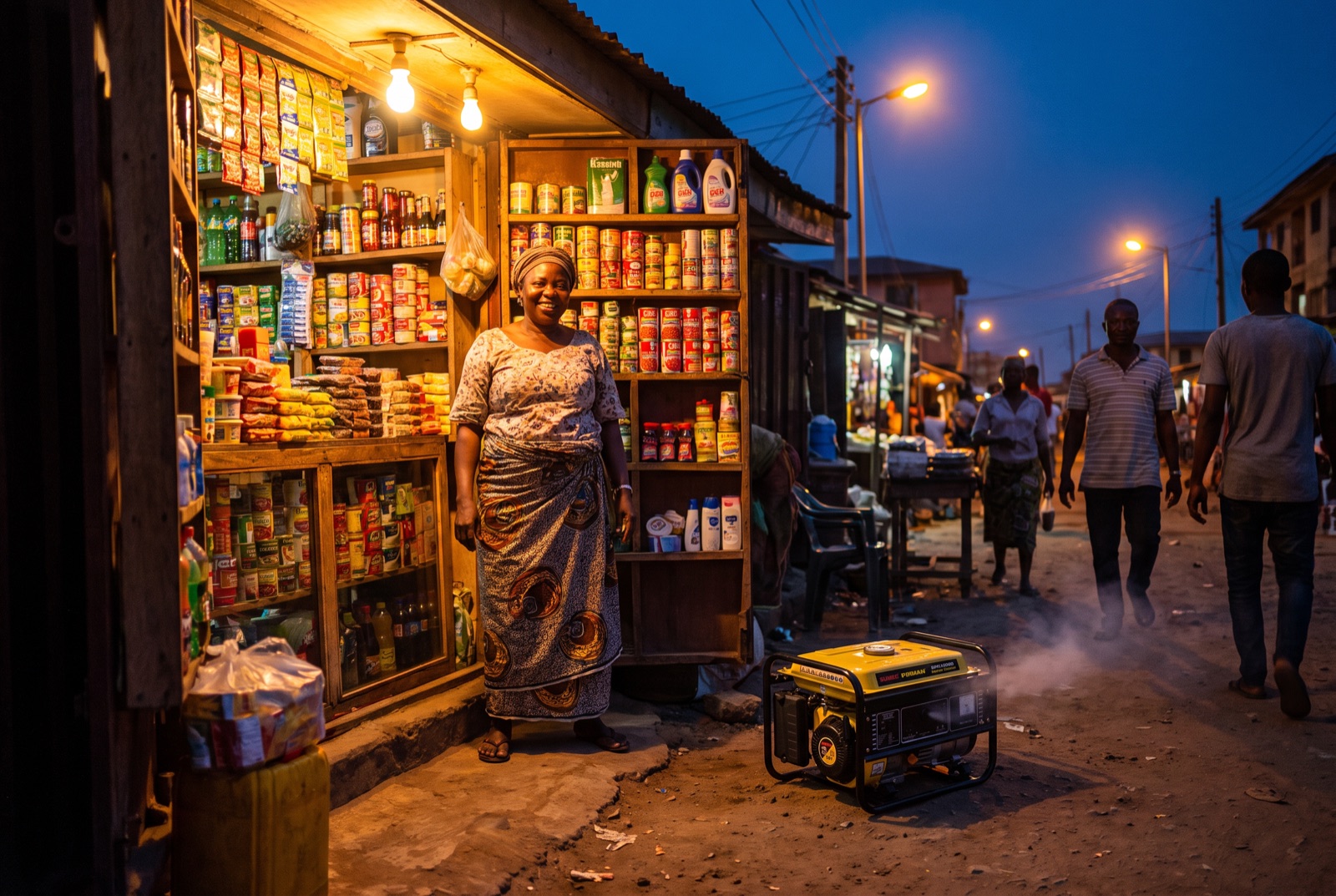 A Nigerian shop owner at her kiosk at dusk with a compact Sumec Firman SPG1800 generator running beside it