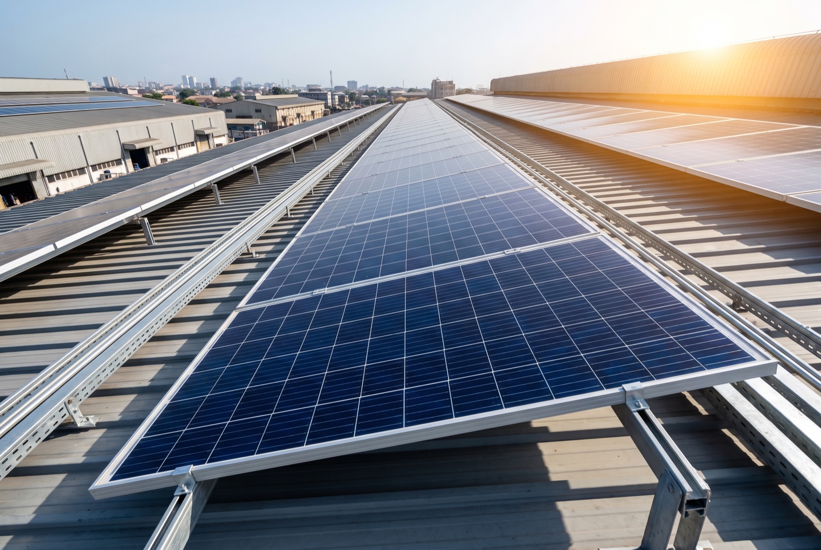 Rows of LONGi-class monocrystalline solar panels on an industrial rooftop in bright sun