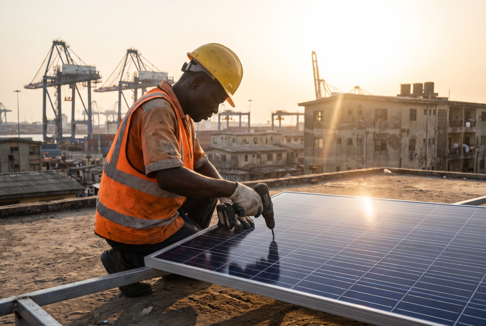 A Nigerian solar technician installing panels on a Lagos rooftop at golden hour